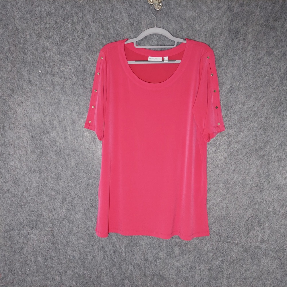 Susan Graver Tunic M Pink Liquid Knit Slinky Modern Studded Cold Shoulder